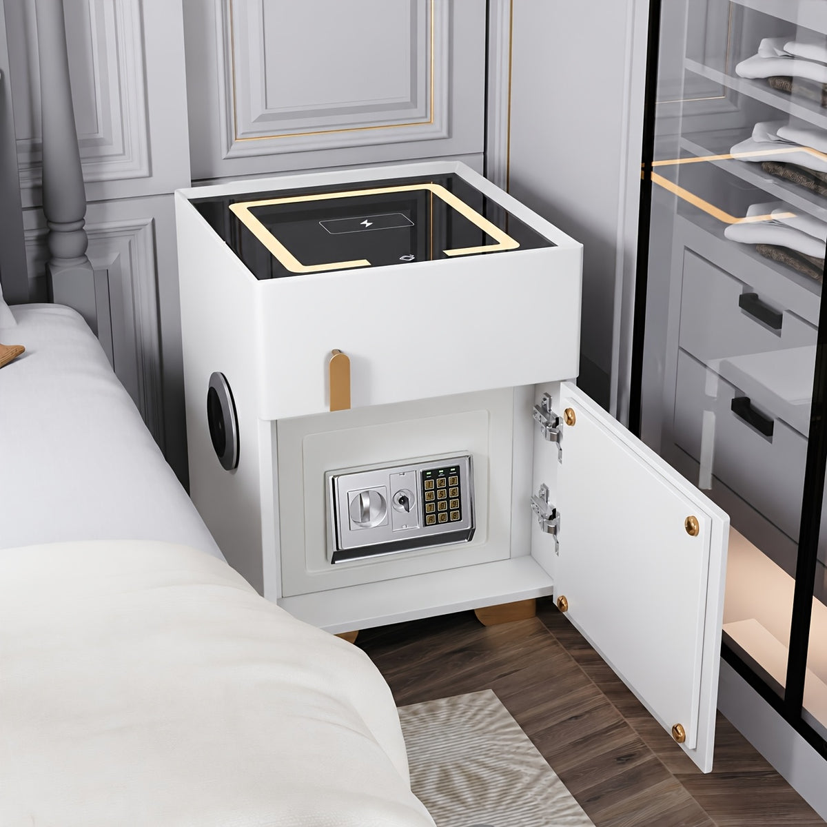 Light Luxury High-end Modern Double Drawer Safe Bedside Table, Multifunctional Bedside Table with Password Lock for Storing Valuable Items