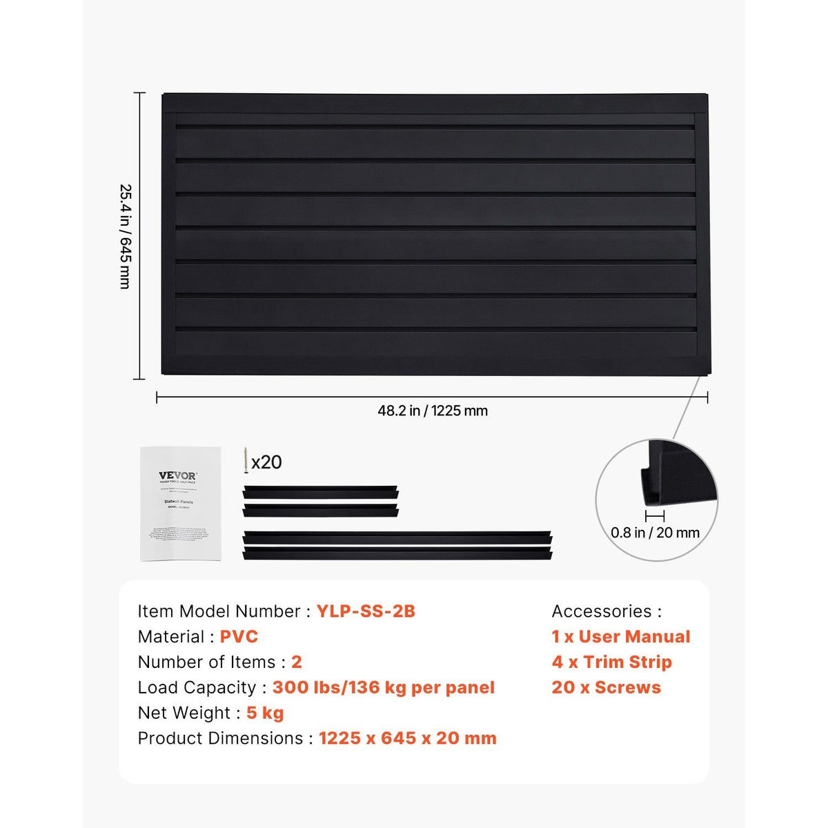 VEVOR 2 x 4 ft / 4 x 4 ft / 8 x 4 ft Slat Wall Paneling PVC White Garage Slatwall with Modular Design White/Grey/Black
