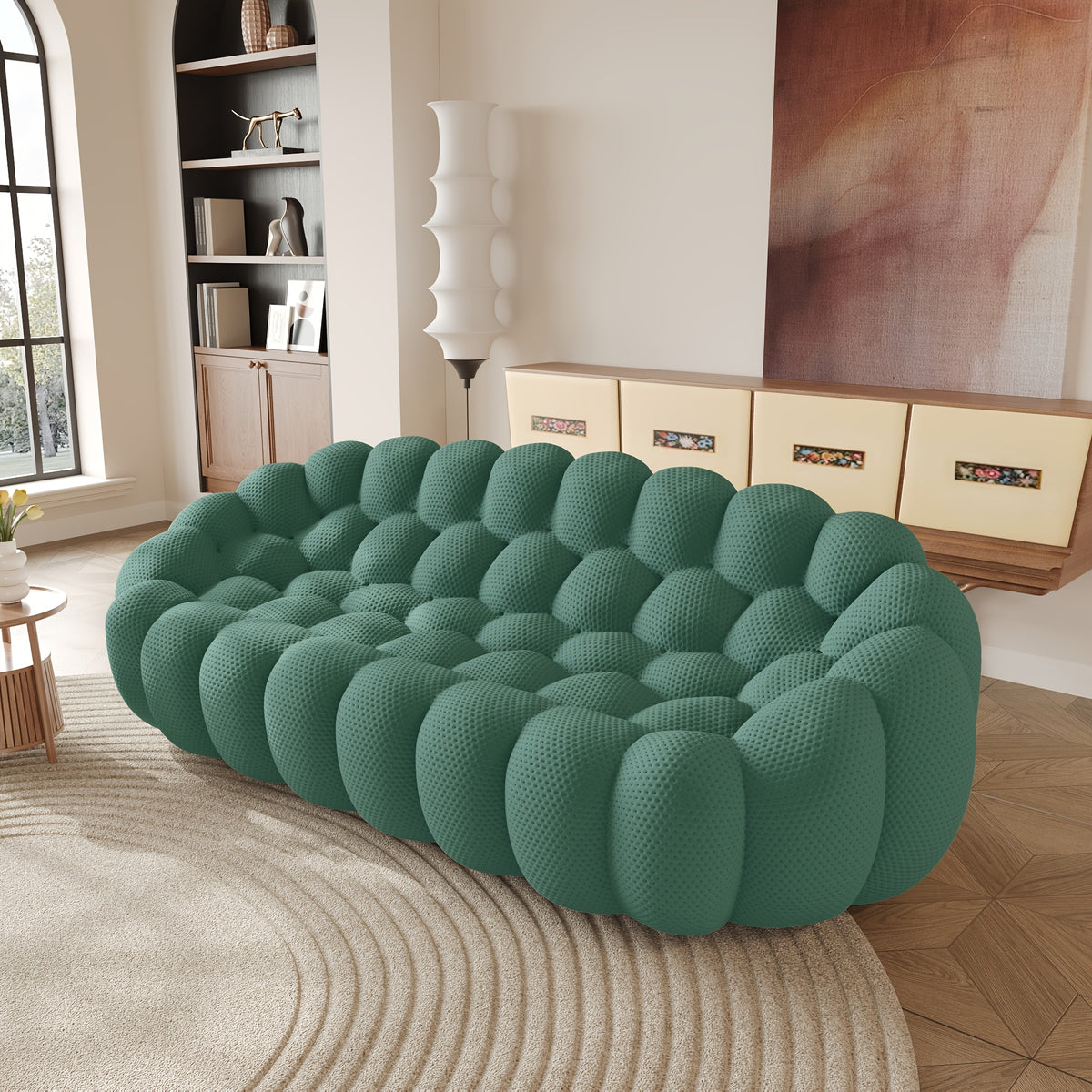 100.03'' Modern Upholstered Curved Sofa, 3 Seater Mesh Fabric Floor Sofa, 3D Honeycomb Shape Curved Couch for Living Room