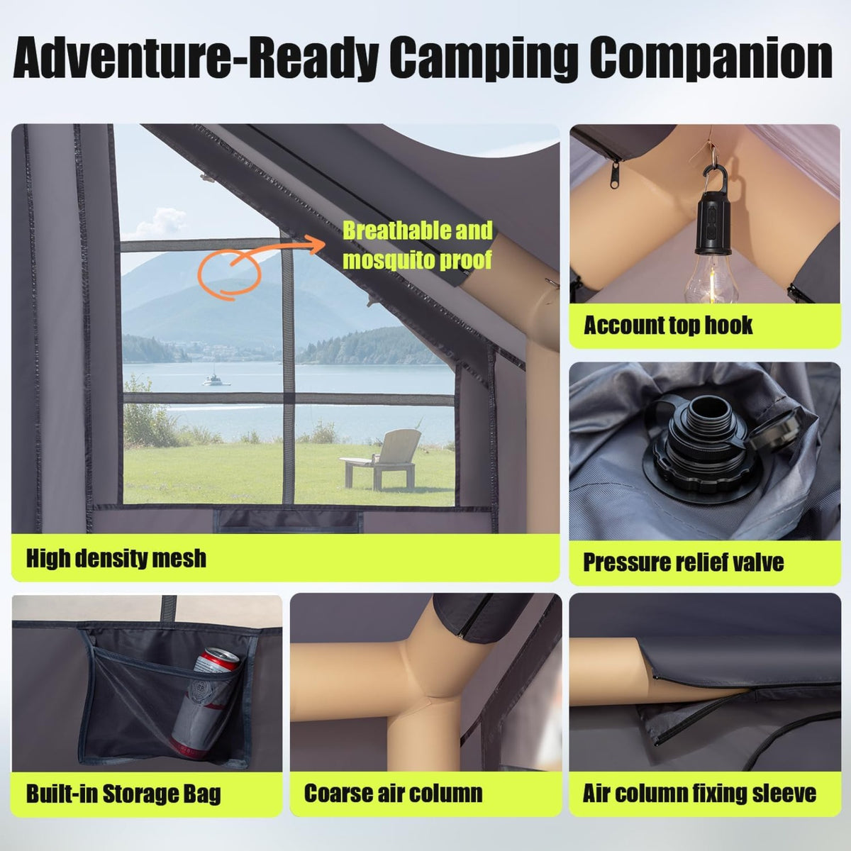 Inflatable Camping Tent, with Electric Air Pump, 4 Season Windproof, Clear Skylight & 420D Oxford, Air Tent with Mesh Windows/Doors