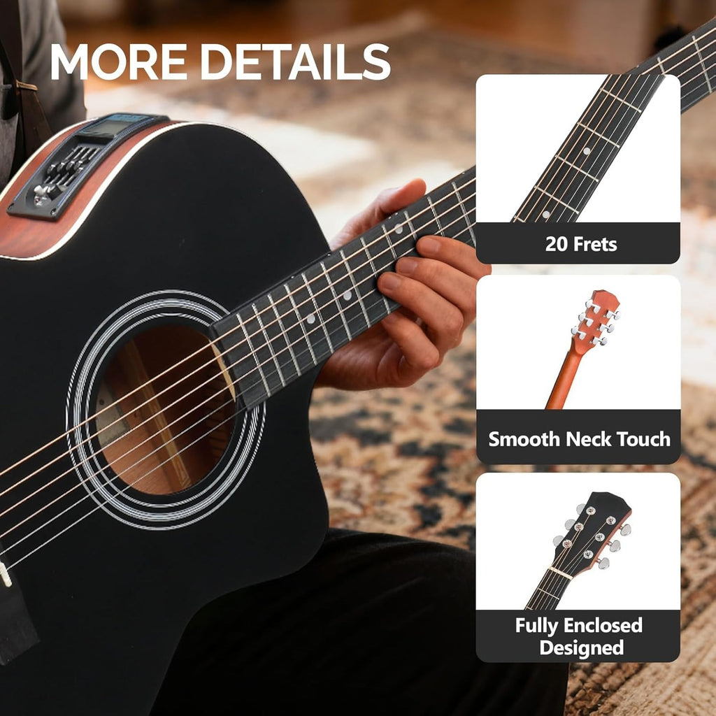 41'' JF Style Full Size Acoustic/Electric Guitar Kit Suitable for Beginners - Right-Handed 6-String Electric Guitar with Cutaway Body, Wood, Tuner, Bag, Strap & Strings - Maple Neck Electric-Acoustic for Practice