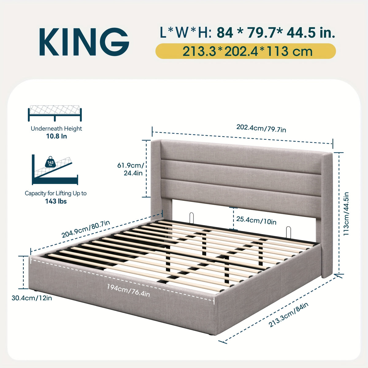 WEEWAY Lift Up Storage Bed, Modern Wingback Upholstered Headboard, Hydraulic Platform Bed, Wooden Slats Support, Heavy Duty Mattress Foundation, No Box Spring Needed, Easy Assembly, Full/Queen/King Size, for House Bedroom Furniture, Free Shipping