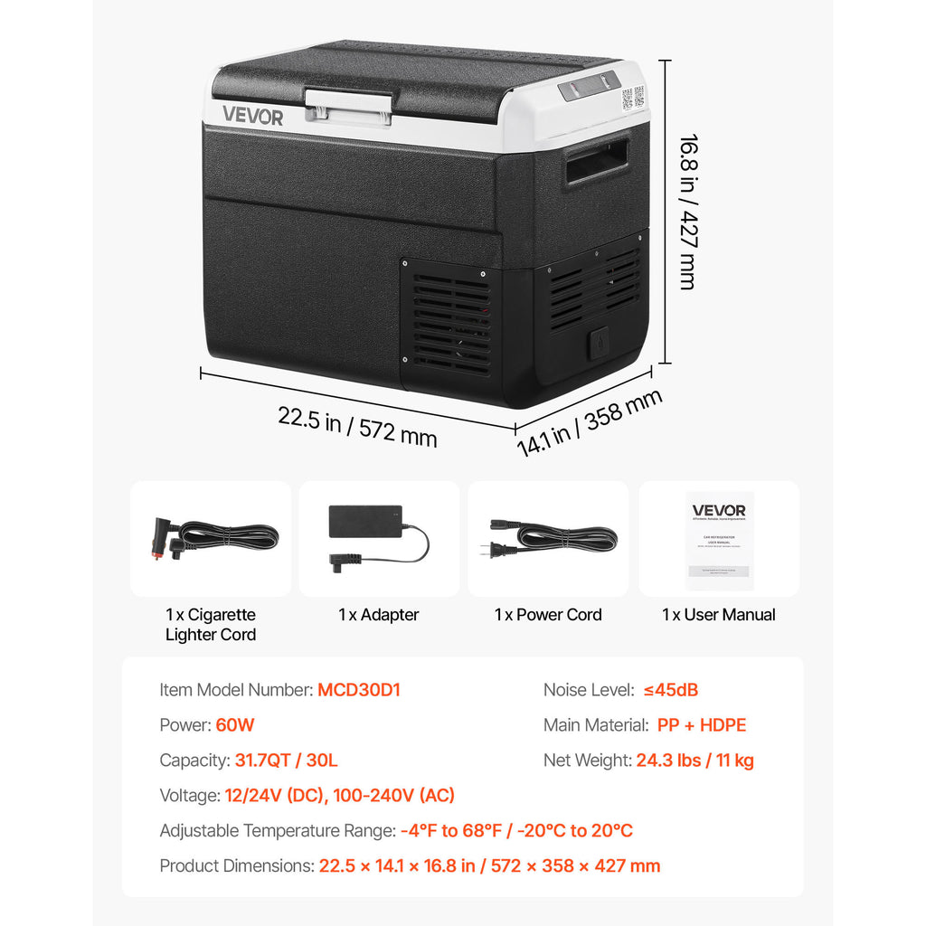 VEVOR 12 Volt Car Refrigerator Portable Freezer 31.7QT Electric Cooler for Camping 25L/30L/40L/50L