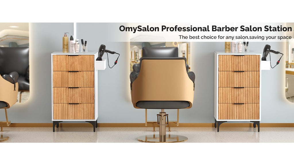 Salon Station, Barber Station for Hair Stylist, Storage Cabinet with Glass Top & Drawers & Heat Resistant Dryer Holders, Modern Retro Style for Beauty Salon, White/ Black