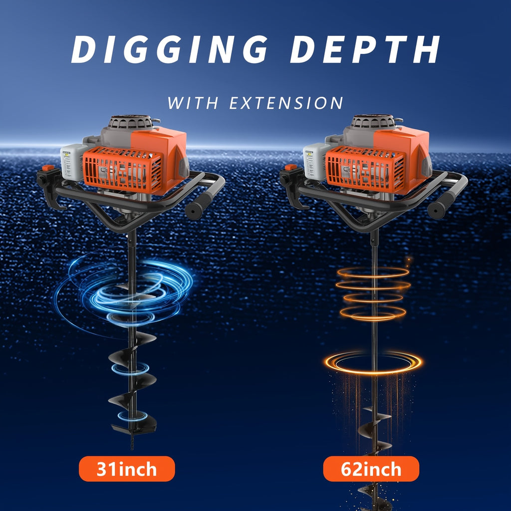 72.8cc 2-Stroke Auger Post Hole Digger | Gas Powered Earth Auger with 2 Extension Rods & 6" & 8" Auger Bits - Ideal for Fencing, Gardening, Construction - Heavy Duty Metal Digging Machine