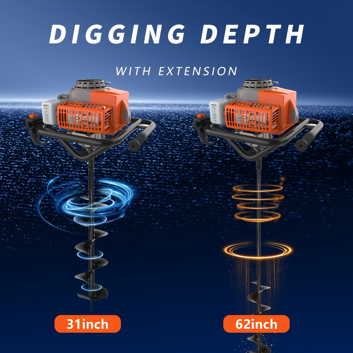 72.8cc 2-Stroke Auger Post Hole Digger | Gas Powered Earth Auger with 2 Extension Rods & 6" & 8" Auger Bits - Ideal for Fencing, Gardening, Construction - Heavy Duty Metal Digging Machine