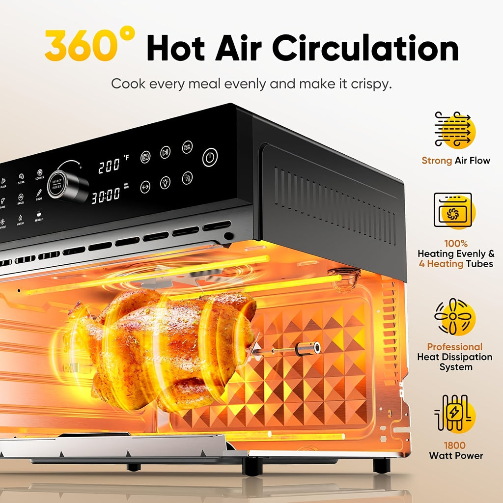 Extra Large 32-Quart Air Fryer, Digital Air Fryer Oven, and Toaster Oven Combo - 20-in-1 Countertop Convection Oven with 13" Pizza Pan, 7 Accessories, Clear Door, 1800W Dual Cooking, 360° Hot Air Circulation for Healthy Meals - Black. 86-450℉.