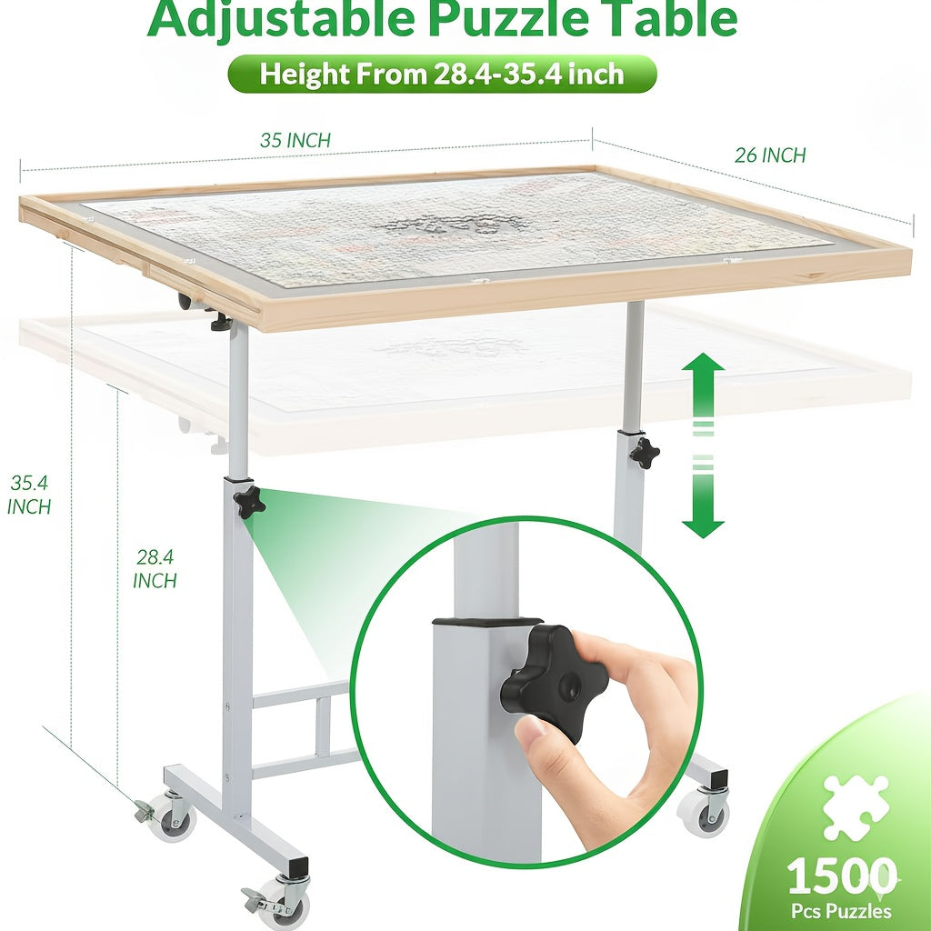 Adjustable Height Puzzle Table with Tilt Board And Sorting Trays, 35 X 26 Inches Large Puzzle Table for Up to 1500pcs, Smooth 28.4-35.4 Inch Height Range, Rolling Wheels, Stable Metal Frame, Portable Puzzle Station for Adults Seniors