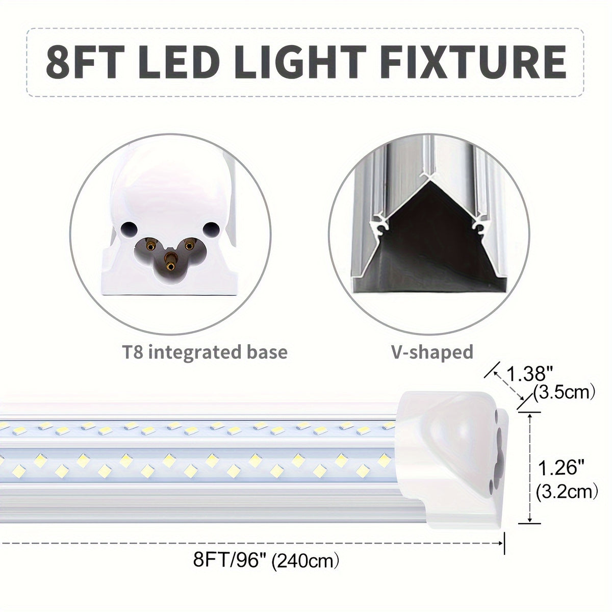 6pcs/lot T8 8ft Integrated LED Tube Light Bulbs 6000K, 120W 8Foot 96 Inch LED Shop Light Fixtures, V Shaped 4 Row Bulbs 2835 LED Chips, 14400lm High Brightness, for Warehouse Ceiling Garage Office Factory, AC 85-277V