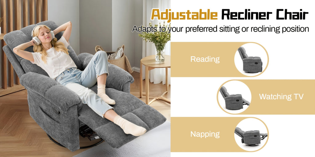 Living Room Single Chair, 360° Swivel Rocking Chair, Manual Rocking Chair for Small Spaces, Rocking Chair with Side Pockets And Armrest Storage, Deep Seat Cushion And Plush Backrest, Chenille Fabric, a Recliner Suitable for The Living Room
