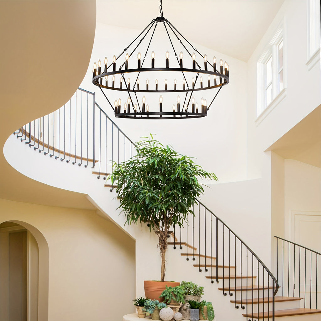 [Modern Farmhouse Chandelier] Modern Farmhouse Chandelier 2 Tier Round Wheel Chandelier Large High Ceiling Light
