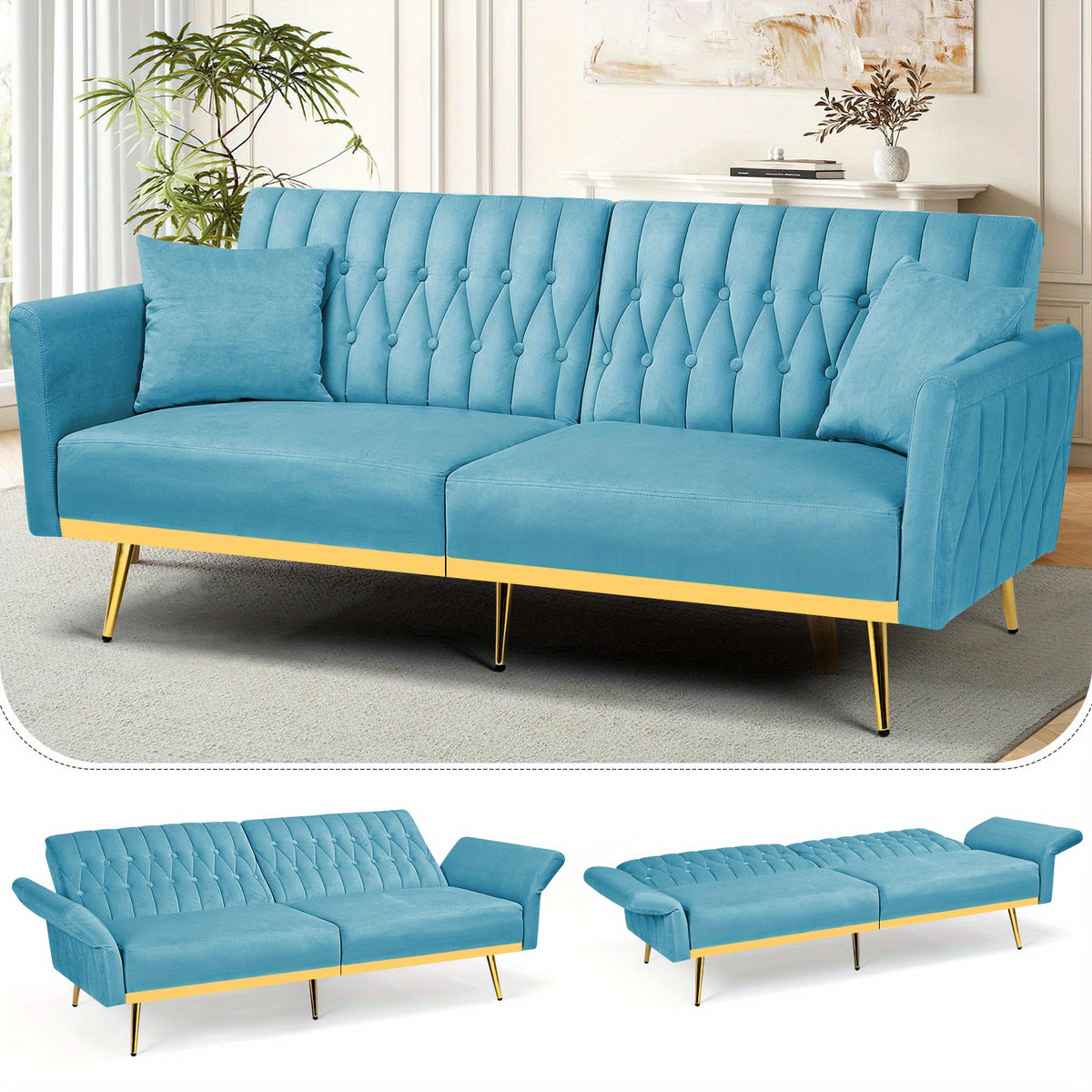 ACMEASE 70-Inch Velvet Convertible Sofa Bed with 2 Pillows, Adjustable Backrest And Armrest Tufted Sleeper Sofa with Golden Metal Legs for Living Room