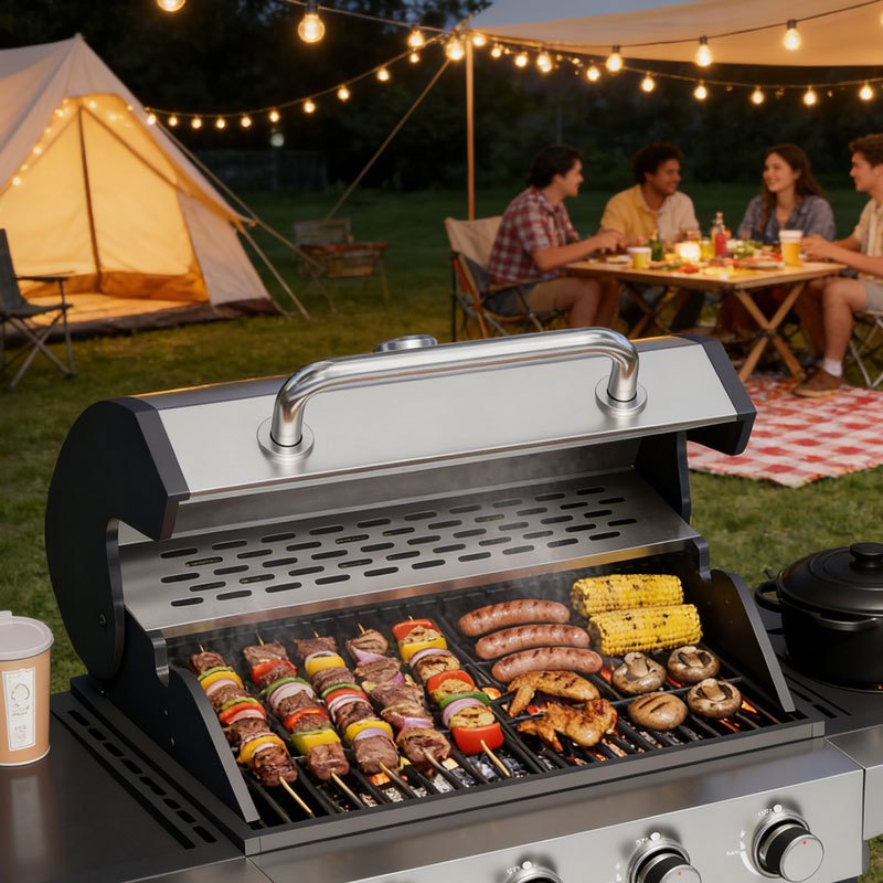 Upgraded 44000-49000 BTU 4-1 Burner Propane Gas Grill with Side Burner, Top thermometer, Outdoor BBQ Grill with Cast Iron Grates & Side Tables, 625 sq.in. Large Grilling Space for Summer Parties, Ideal for Backyard Patio & Camping, Black