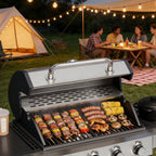Upgraded 44000-49000 BTU 4-1 Burner Propane Gas Grill with Side Burner, Top thermometer, Outdoor BBQ Grill with Cast Iron Grates & Side Tables, 625 sq.in. Large Grilling Space for Summer Parties, Ideal for Backyard Patio & Camping, Black
