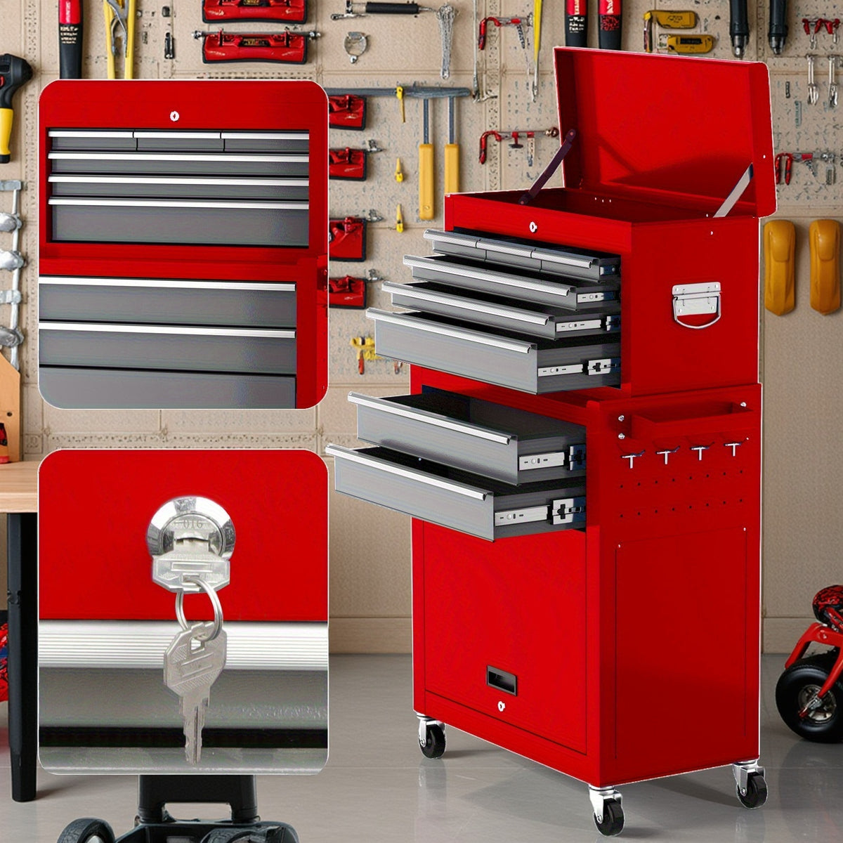 4/7/8-Drawer Heavy-Duty Rolling Tool Chest with Lockable Storage And 4-Wheel Mobility - 2-In-1 Tool Cabinet with Top Work Surface, Spacious Lower Storage, Durable Metal Construction for Garage, Workshop, Warehouse Organization - Ideal for