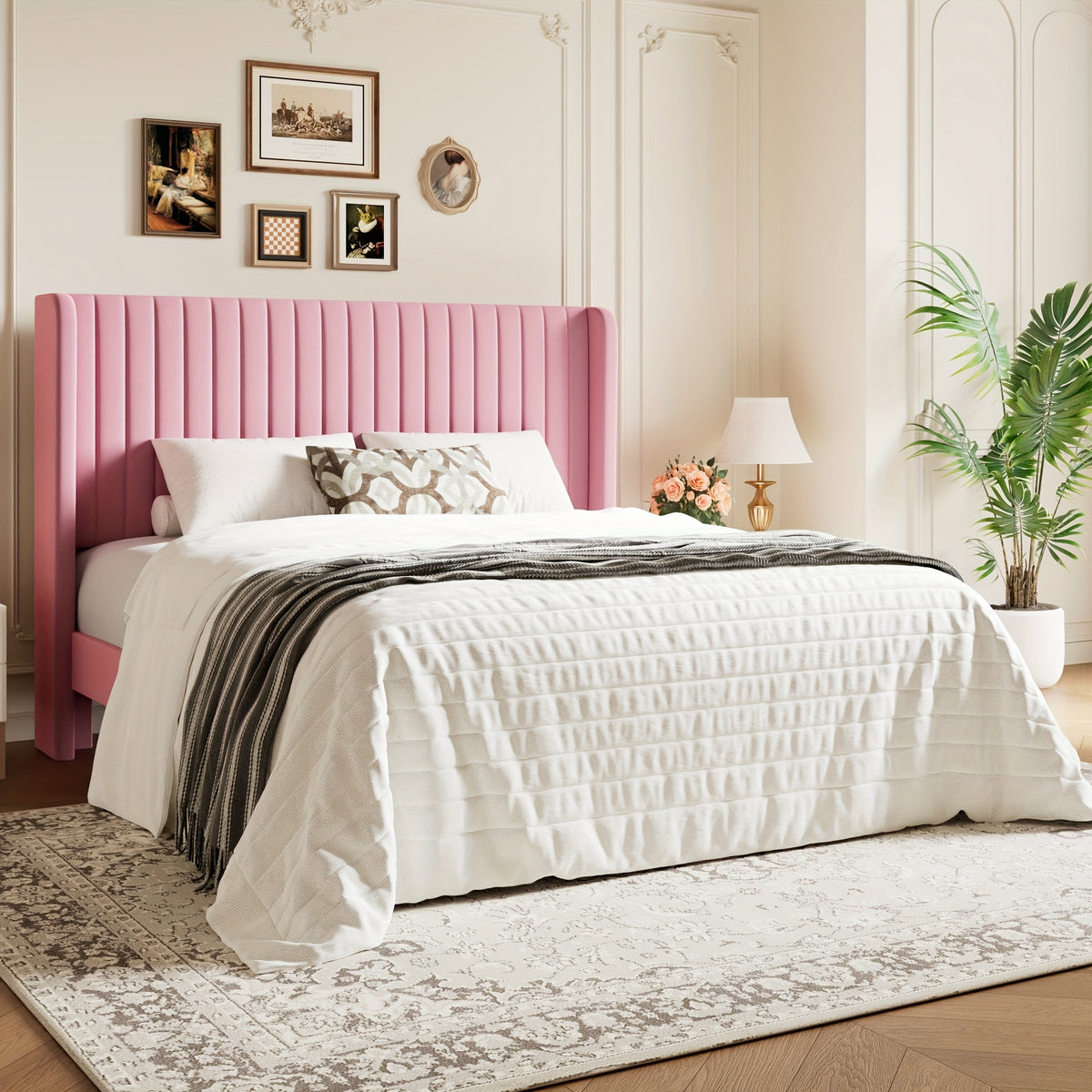WEEWAY Wingback Velvet Upholstered Platform Bed Frame, Vertical Channel Tufted Headboard, Wooden Slats Support, Heavy Duty Mattress Foundation, No Box Spring Needed, Easy Assembly, Avabliable Full/Queen/King Size, Free Shipping
