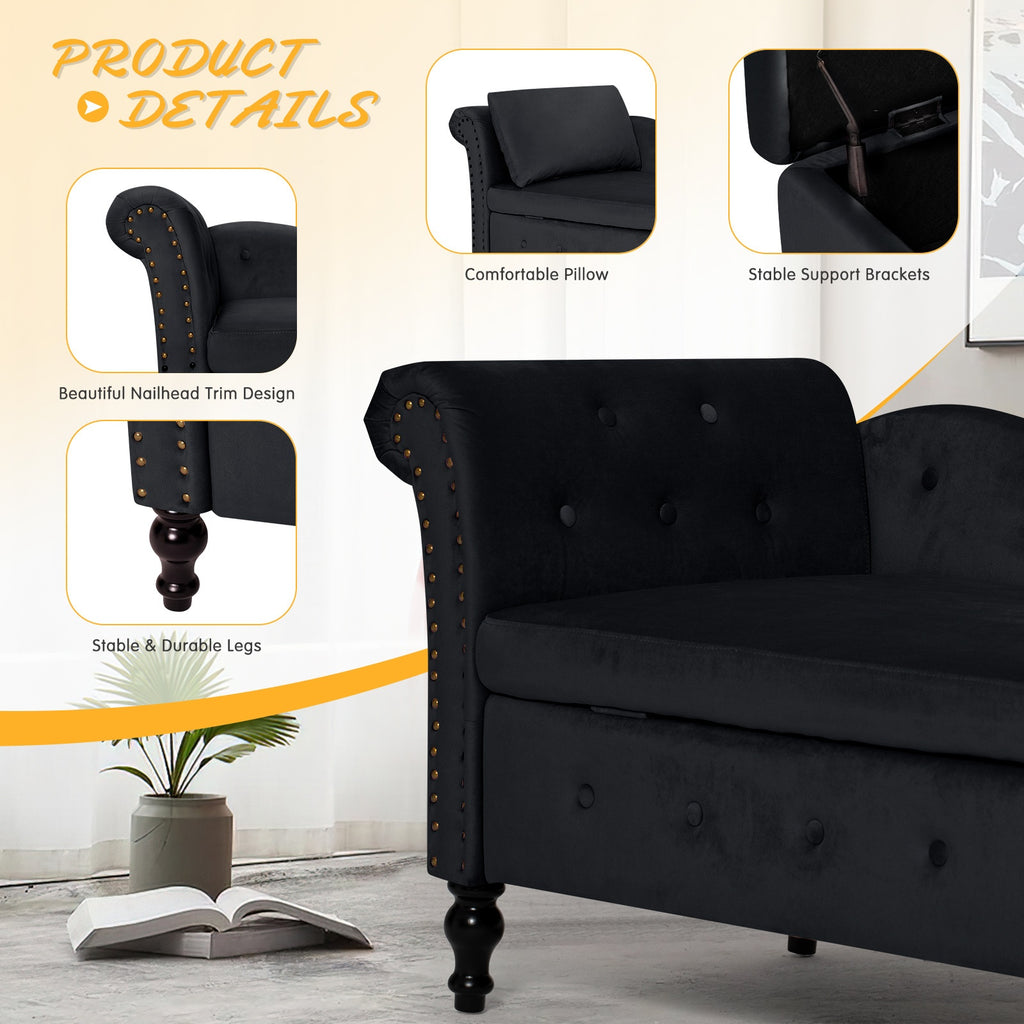 ACMEASE Classic Nailhead Trim Velvet Storage Chaise Lounge 57", Upholstered Chaise Sofa With Pillow & Turned Wood Legs For Living Room Decor