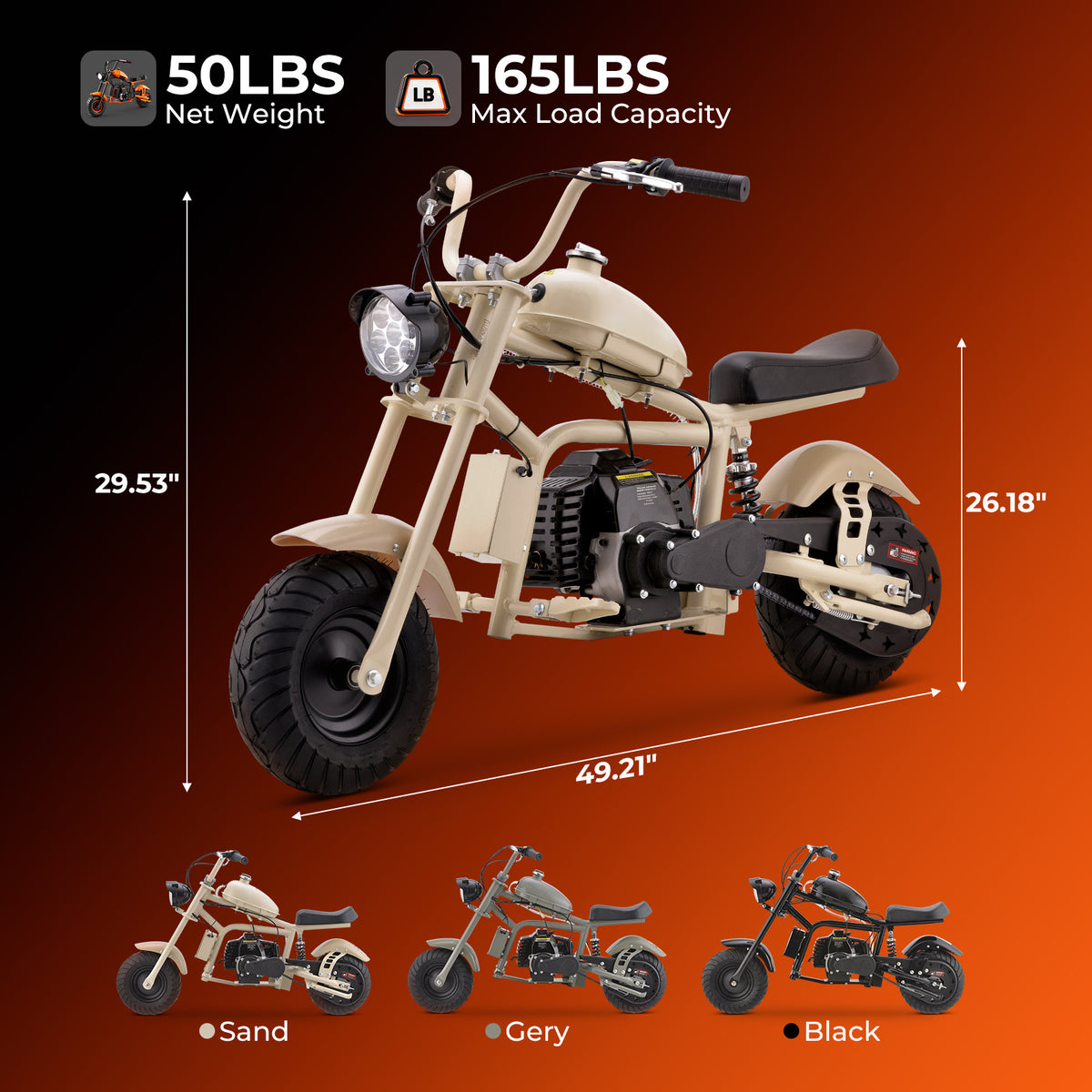 Gas Mini Chopper Bike, DB003 Model 40CC4-Stroke Dirt Bike with Big Headlight, Rear Shock Absorber, Metal Frame, Disc Brakes, Max Load 165Lbs, Up to 20Mph, Product name: gas mini dirt bike, chopper bike