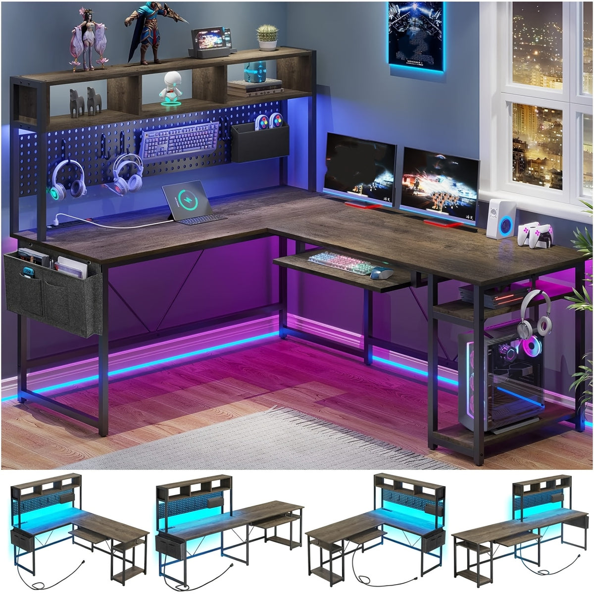L-Shaped Gaming Desk, Reversible from a 67-Inch Corner Setup to a 94.5-Inch Two-Person Workstation