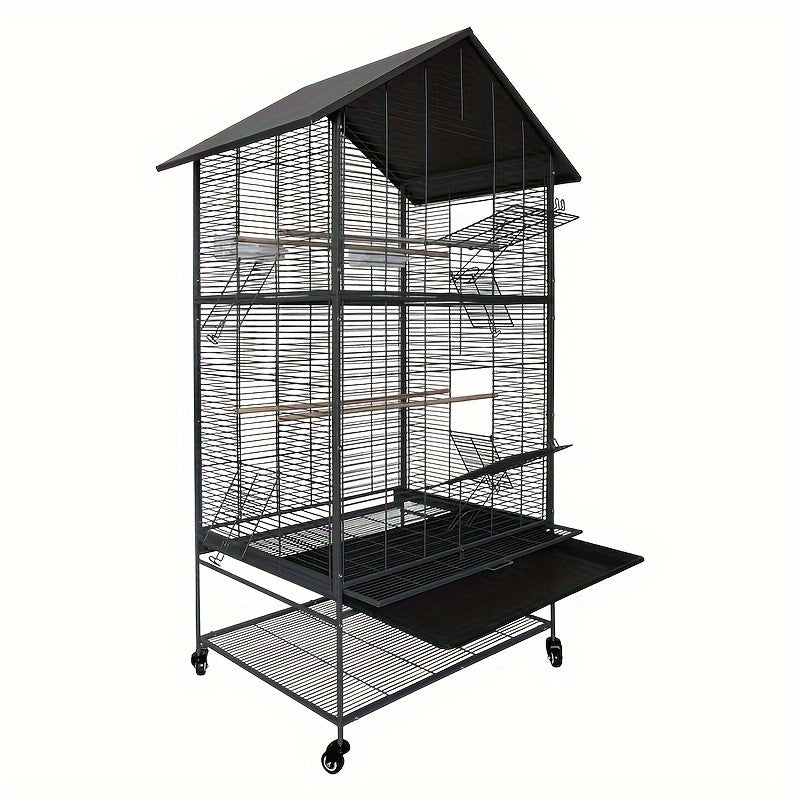 Luxury Villa Birdcage, Extra Large Parrot Cage with Wheels And Roof, Easy Assembly Bird Aviary for Macaw, Roosteratiel, Parakeet, Lovebird, Finch, with Horizontal Wire. Flight Cage Ideal for Breeders