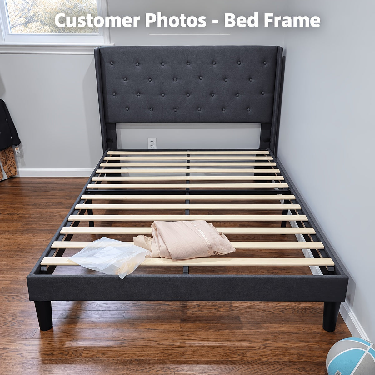 Valnase Modern Style Platform Bed Frame with 24"H Button Tufted Headboard, Solid Wood Slats Support, Artistic Legs Design - Dark Grey/Light Grey/Black Linen & White Velvet Options, Bed Frame for Home Bedroom