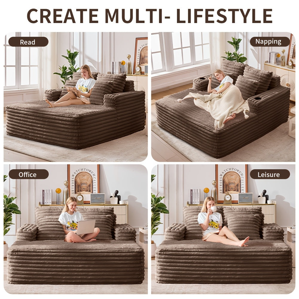 57" Oversized Frameless Floor Sofa, with Cup Holder, Plush Cushioned Lounger with Deep Seat for Living Room & Apartment