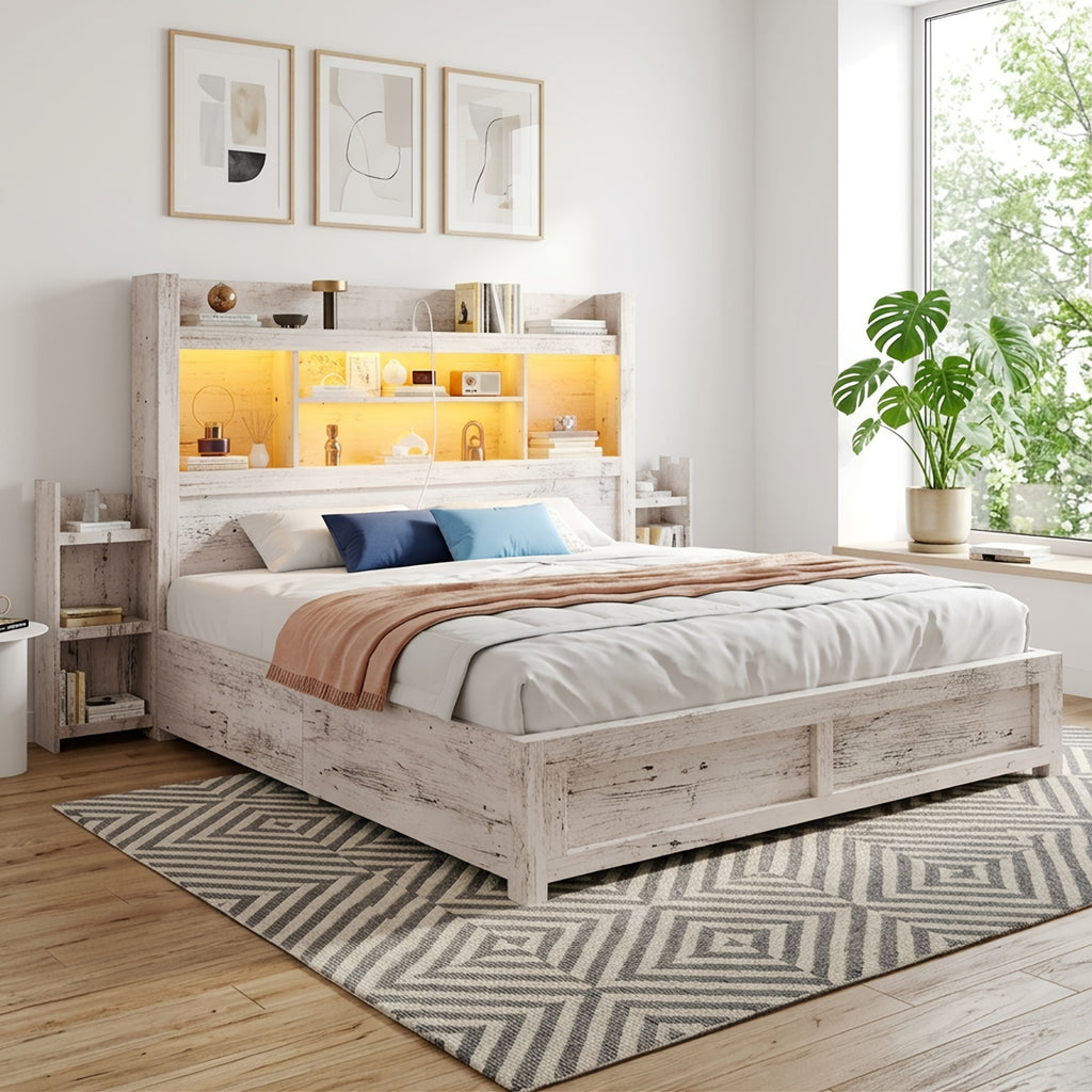 PAPABABE Bed Frame With 49.6 Inch Bookcase Headboard, 4 Drawers And 2 Detachable Storage Racks - Farmhouse Wood Bed Frame With RGB LED Lights And Charging Station, No Box Spring Needed