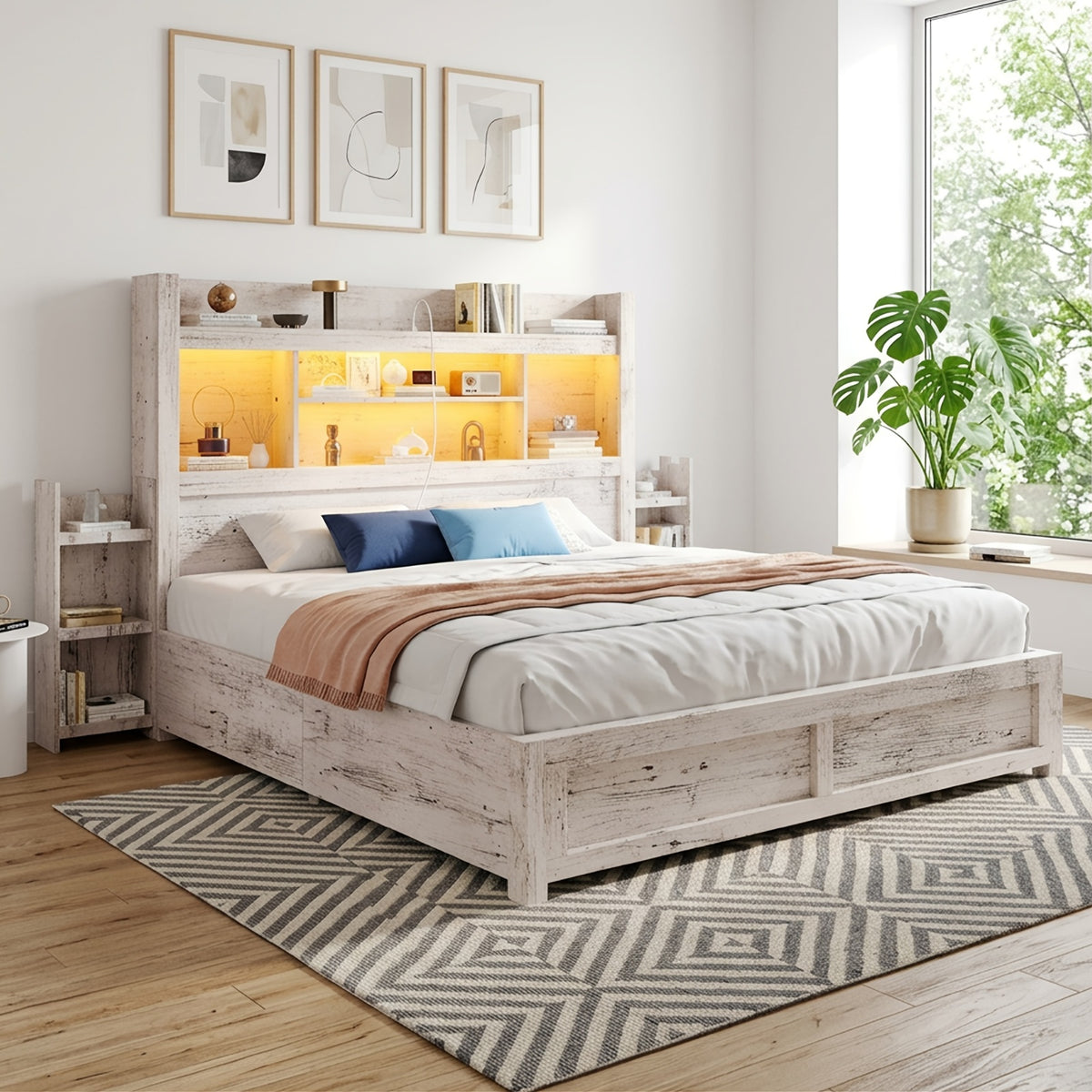 PAPABABE Bed Frame With 49.6 Inch Bookcase Headboard, 4 Drawers And 2 Detachable Storage Racks - Farmhouse Wood Bed Frame With RGB LED Lights And Charging Station, No Box Spring Needed