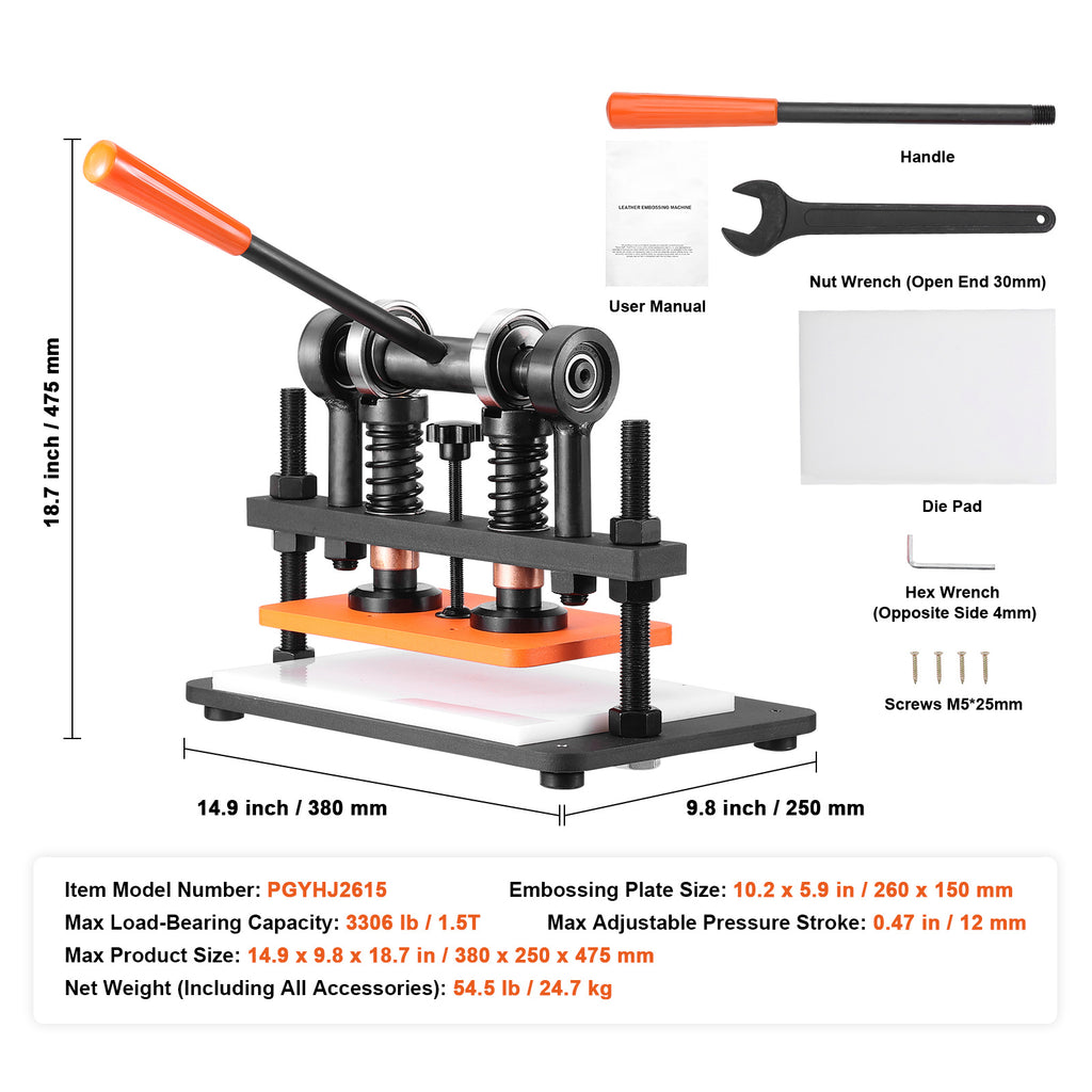 VEVOR Leather Cutting Machine, 10.2 x 4.7/10.2 x 5.9/14.2 x 10.2 in Embossing Plate Manual Die Cutter, 0.47 in Pressure Stroke Leather Embossing Machine, Dual Guide Shafts Die Cut Machine for Various of Materials