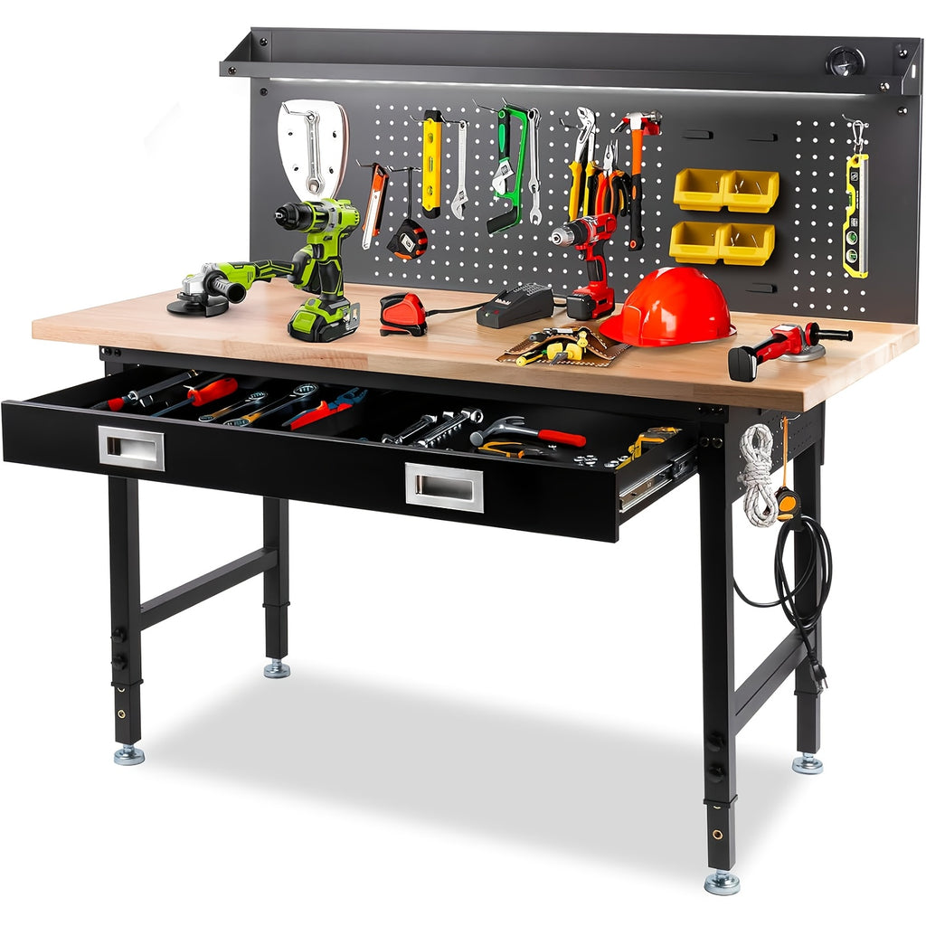 60"× 22" Garage Workbench with Drawers & Pegboard -- Adjustable Heavy Duty Table with Power Strip, Strip Light & Thick Rubber Wood Top, 2000LBS Load Capacity for Workshop, Office, Home Garage