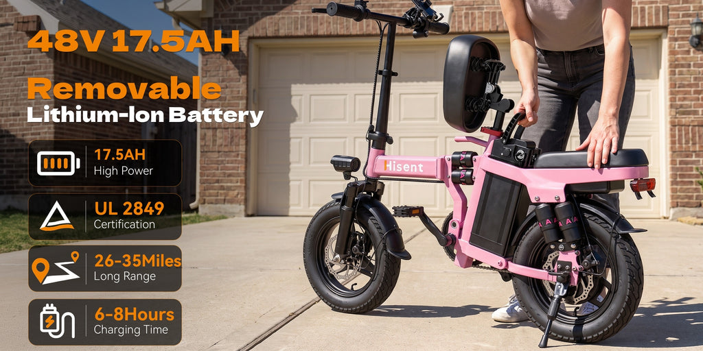 Hisent Foldable Electric Bicycle, Power: 500W Brushless Motor, 48V 10AH/17.5AH Lithium Battery (optional), 12 to 35 Miles Range; Speed: 19.9 MPH, Dual Brakes, LED Headlights, 14-inch Tires, Commuting And School Trips, Stylish Design, Sturdy Structure