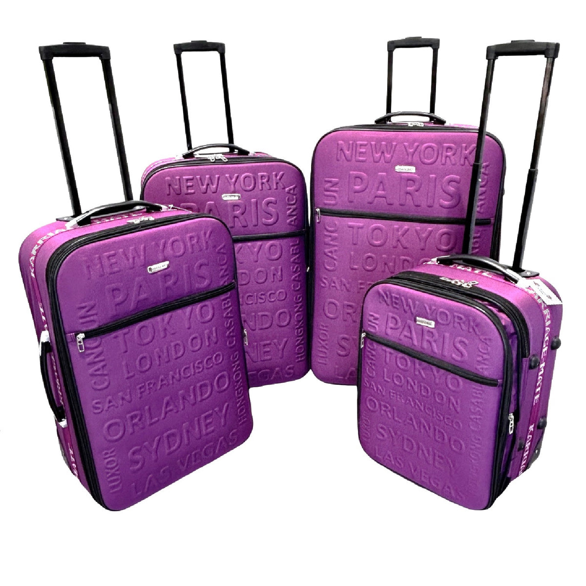 Karriage-Mate 4-Piece Expandable Softside Luggage Set – 20” Carry-On, 25”, 29”, 30” Suitcases – Lightweight Travel Bags with Embossed City Design – Durable Fabric, Telescopic Handles, built-in Lock – Black, Grey, Purple