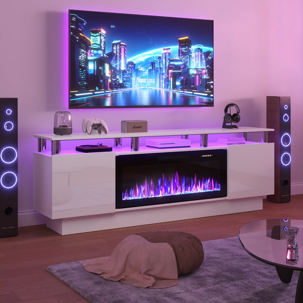 70-Inch Contemporary TV Stand Featuring a 36-Inch Electric Fireplace, Designed As an Entertainment for Televisions Up to 80 Inches, with Modern Wooden Media Storage Cabinets Suitable for The Living Room