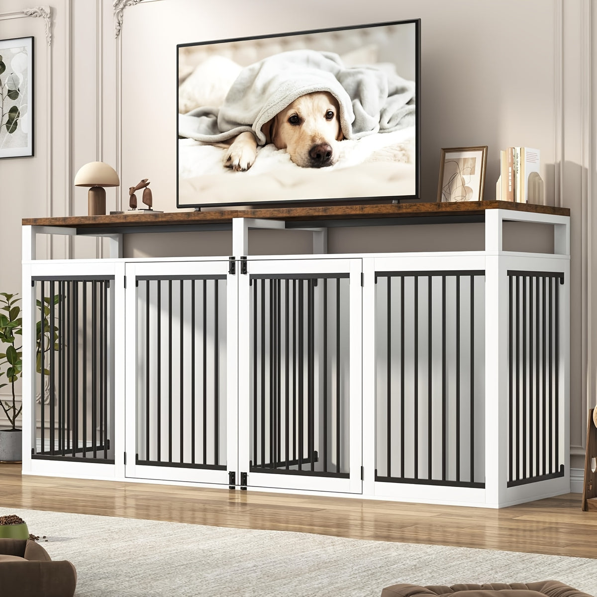 87In Farmhouse Style Dog Crate TV Stand | Wooden Dog Kennel Furniture with 2 Doors, Large Capacity for 2 Dogs, Solid Metal Tube & 4 Lockable Doors