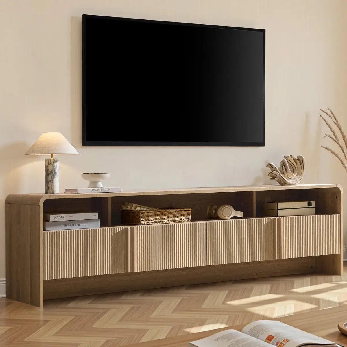 70 inch Fluted TV Console | Modern Wood Entertainment Media Console for TVs up to 80", with Storage Cabinets, by LUXOAK
