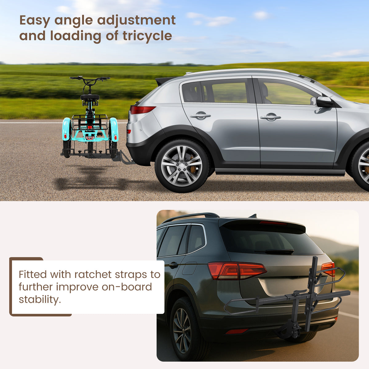 Heavy-Duty Foldable Bike Carrier for 3-Wheel Bicycles, Rear Platform Rack for Adult Tricycle, Fat Tire Trike Carrier Rack for SUV Truck RV, Fits 5" Wide Tires, Heavy Duty