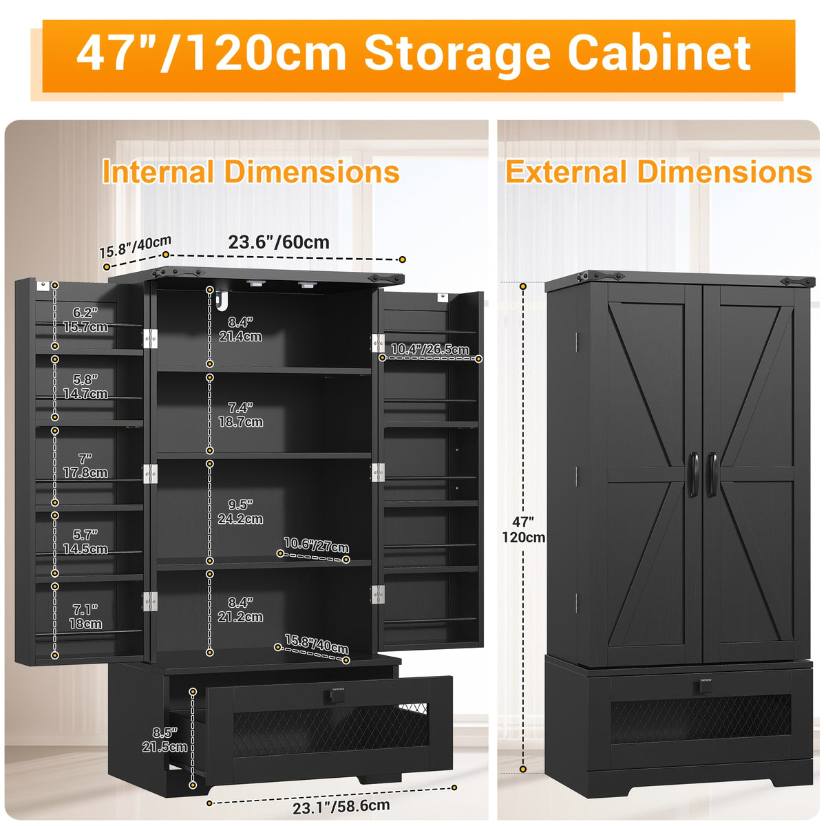 Multifunctional Storage Cabinet 47Inch Kitchen Pantry Cabinet with Drawer, Pantry Storage Cabinet with Adjustable Shelves, White Kitchen Pantry Storage Cabinet, Buffet Cupboards Sideboard