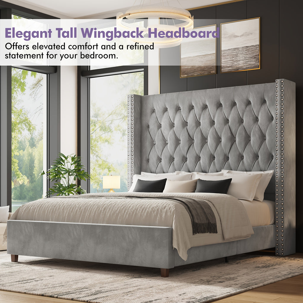 LUXOAK 60 Inch Tall Velvet Bed Frame With Tufted Wingback Headboard, Solid Wood Legs And Slat Support, No Box Spring Needed