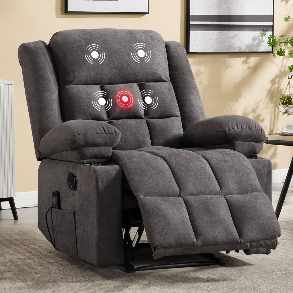 Manual Recliner Chair with Massage And Heat Ergonomic Overstuffed Breathable Fabric Reclining Chair with 2 Side Pockets, 2 Cup Holders, Remote Control, for Game & Recreation Room Furniture