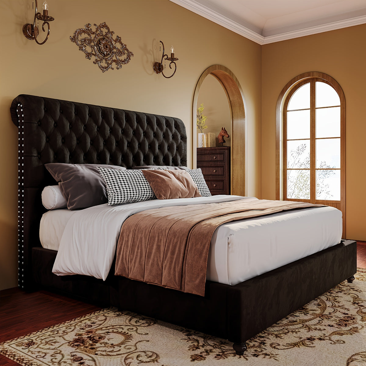 LUXOAK Bed Frame King/Queen Size, Velvet Tall Headboard King Bed Frame with Button Tufted 52.8" Tall Sleigh Headboard, No Box Spring Needed, Easy Assembly