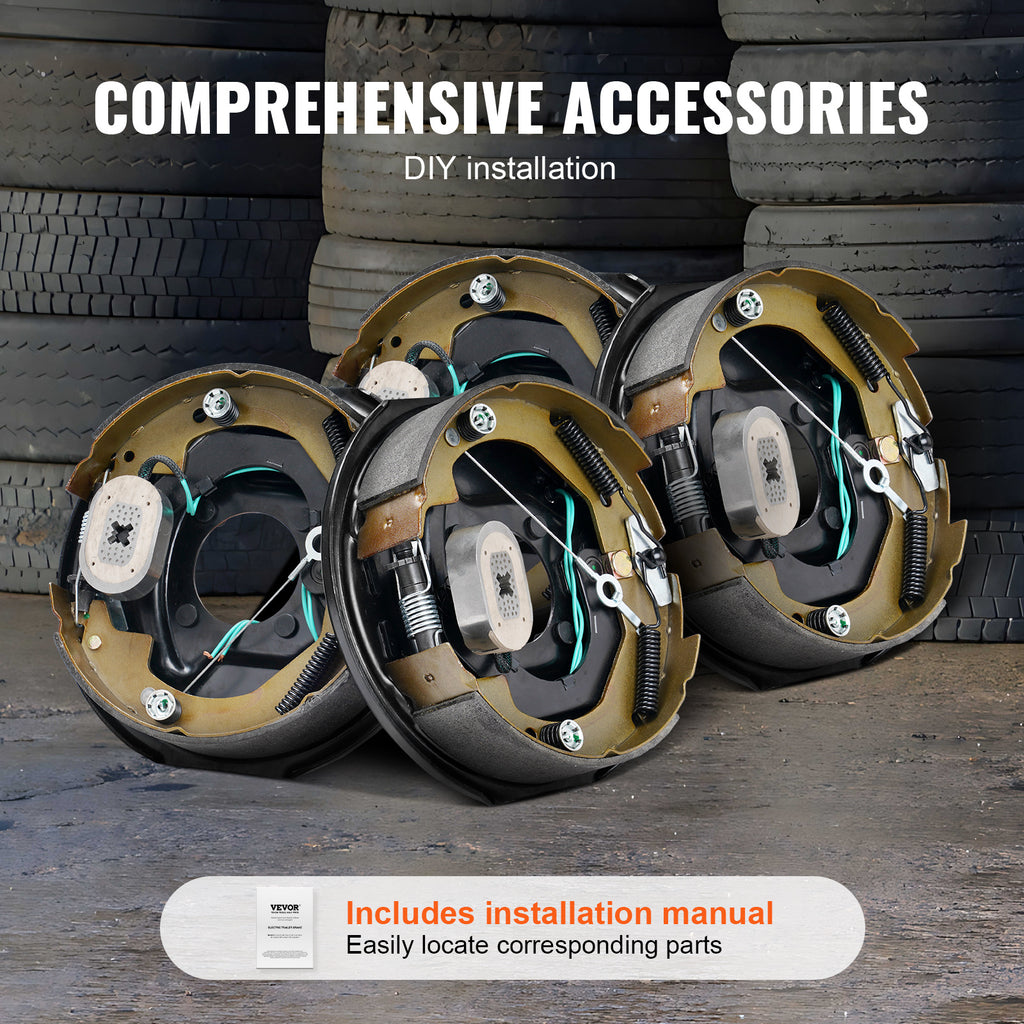 VEVOR Electric Trailer Brake Assembly, 10" x 2-1/4", 2 Pairs Self-Adjusting Electric Brakes Kit for 3500 lbs Axle, 4-Hole Mounting, Backing Plates for Brake System Part Replacement (2 Right 2 Left)