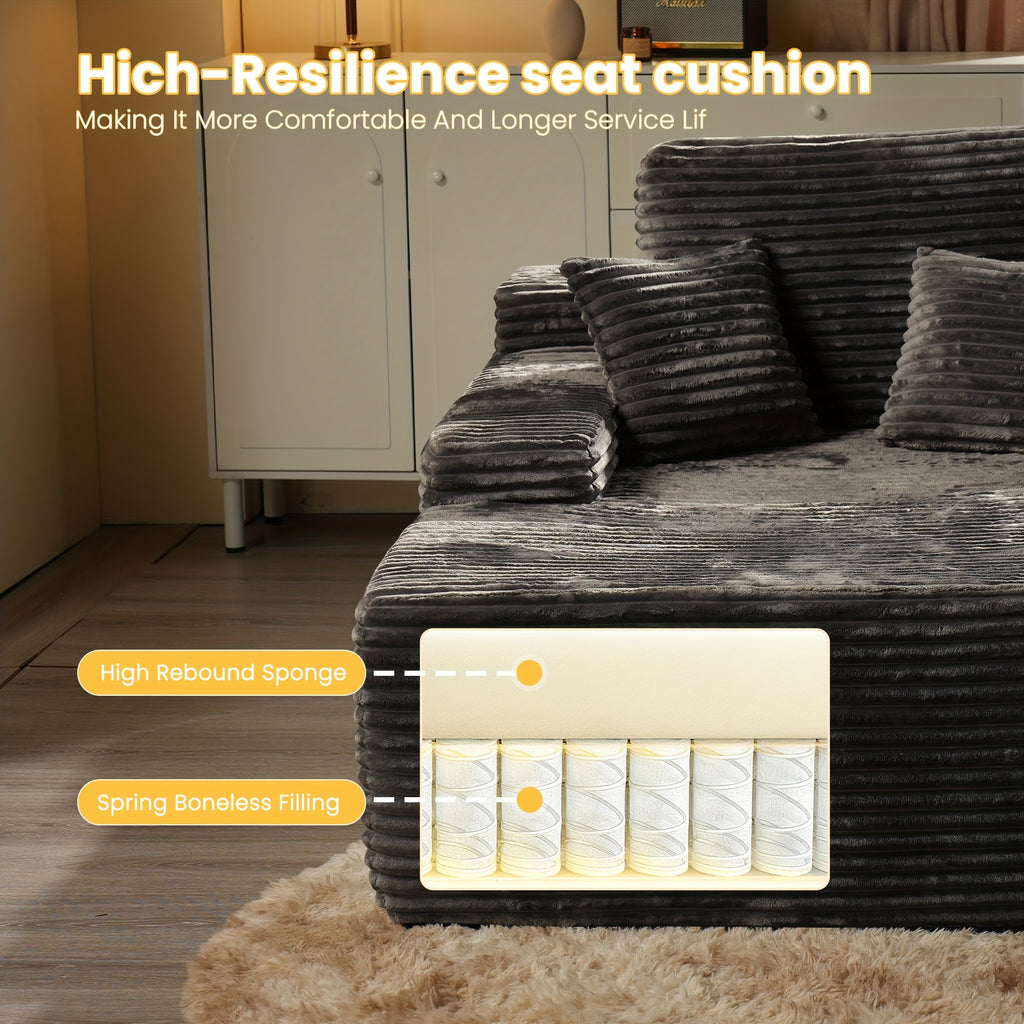 67" Oversized Boneless Lounge Chaise - Corduroy/Plush Fabric/Teddy Fleece Floor Couch with Pillows And Armrests | Deep Seat Single Sofa Bed with High Density Sponge Cushion | U Sleeper Couch for Living Room, Apartment, Bedroom | No Assembly Required