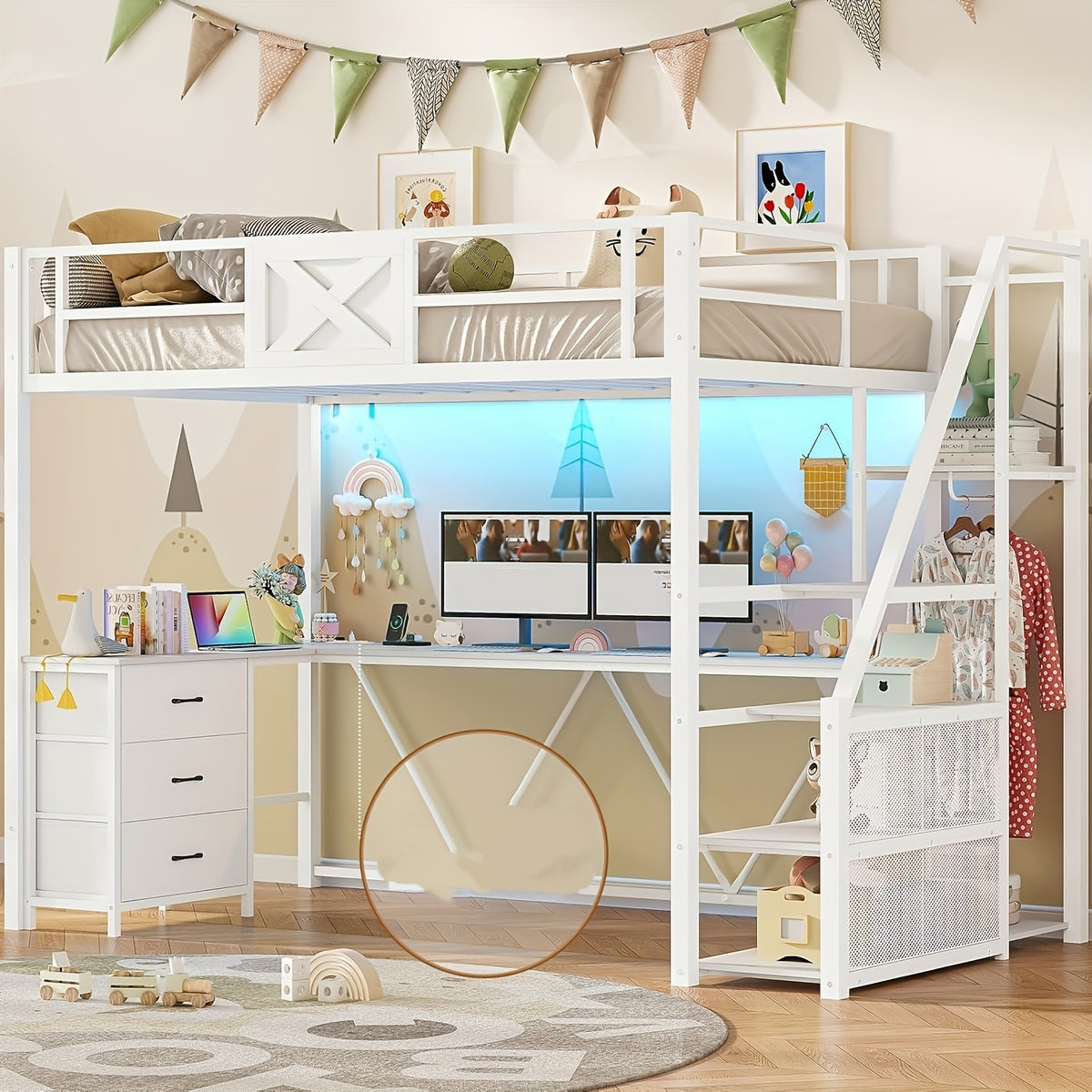 Stairway Twin Size Loft Bed with L Shaped Desk and Wardrobe, Metal Loft Bed Frame with Storage Stairs, 3 Drawers and LED Lights