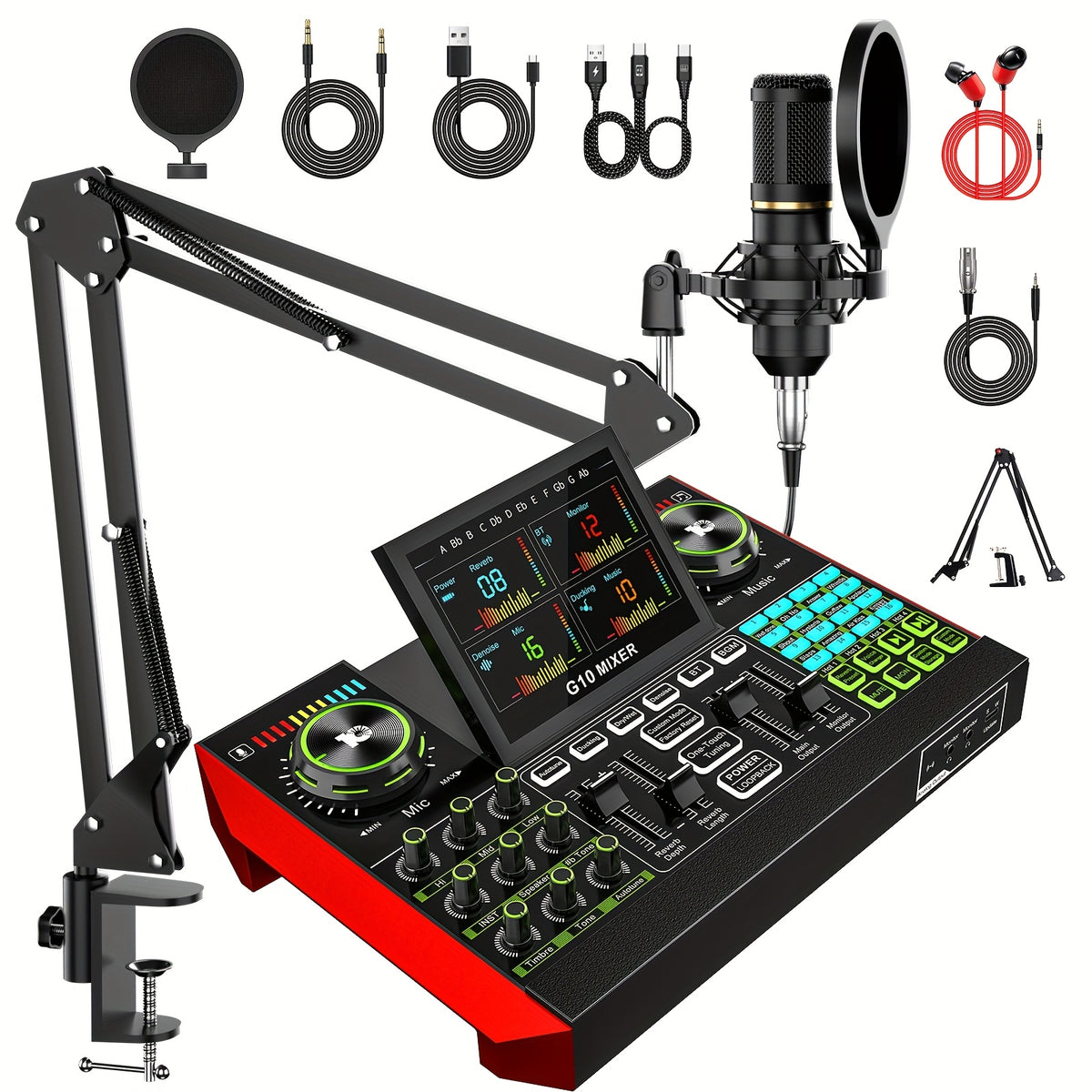 Tenlamp G10 BM800 Mic Mixer Set Podcast Influencer KOL Singing Gaming DJ Mixing Station Controller Equipment Studio Professional Recording Electronic Music Mixer Power Karaoke Machine Available Dynamic Condenser Wired Microphone Portable Microfono