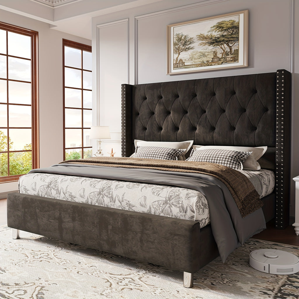 Papajet Velvet Upholstered Bed Frame with Wingback Headboard, No Box Spring Required