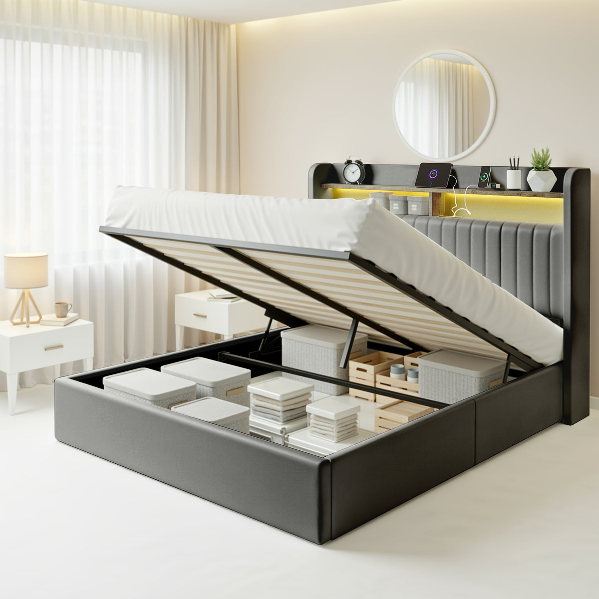 WEEWAY Lift Up Storage Bed Frame, Velvet Vertical Channel Headboard, LED Light And Charging Station, Hydraulic Support, Noise-Free Wooden Slats, No Box Spring Needed, Bedroom Furniture, Masterroom, Guestroom, White, Black, Cream, Grey, Free Shipping