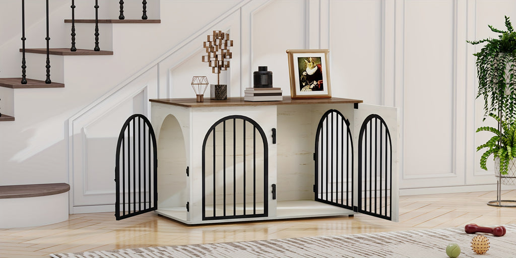 39.4'' Dog Crate Furniture - Dog Kennel Indoor Arched Door Design, Wooden Dog Crate Furniture For Small/Medium/Large Dog, Side Table, TV Stand, Anti-Chew, Anti-Escape - Rustic Brown, Black Gold, Greige Black, White Brown - For Dog Owners - Provides Safe &