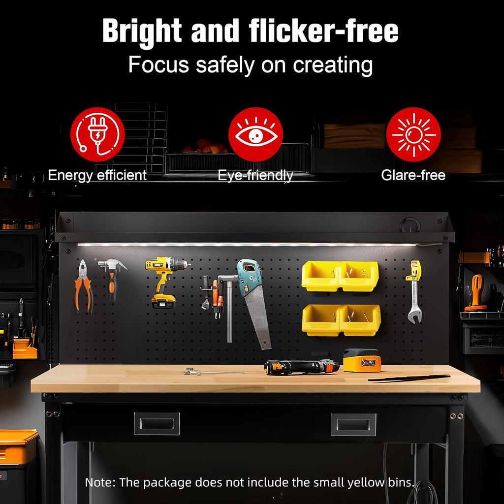 60"× 22" Garage Workbench with Drawers & Pegboard -- Adjustable Heavy Duty Table with Power Strip, Strip Light & Thick Rubber Wood Top, 2000LBS Load Capacity for Workshop, Office, Home Garage