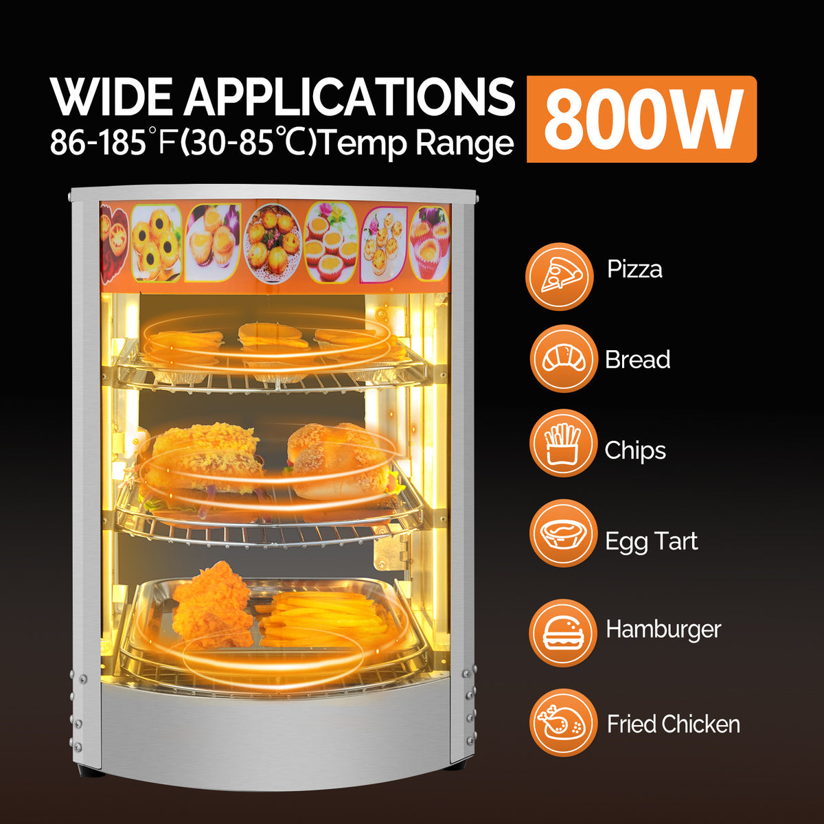 5-Tier Food Warmer Pizza Warmer Countertop, Food Warmer Display Pretzel Warmer with LED Lighting Removable Shelves Glass Door, Pastry Display Case for Buffet Restaurant Cafe, 110V 800W
