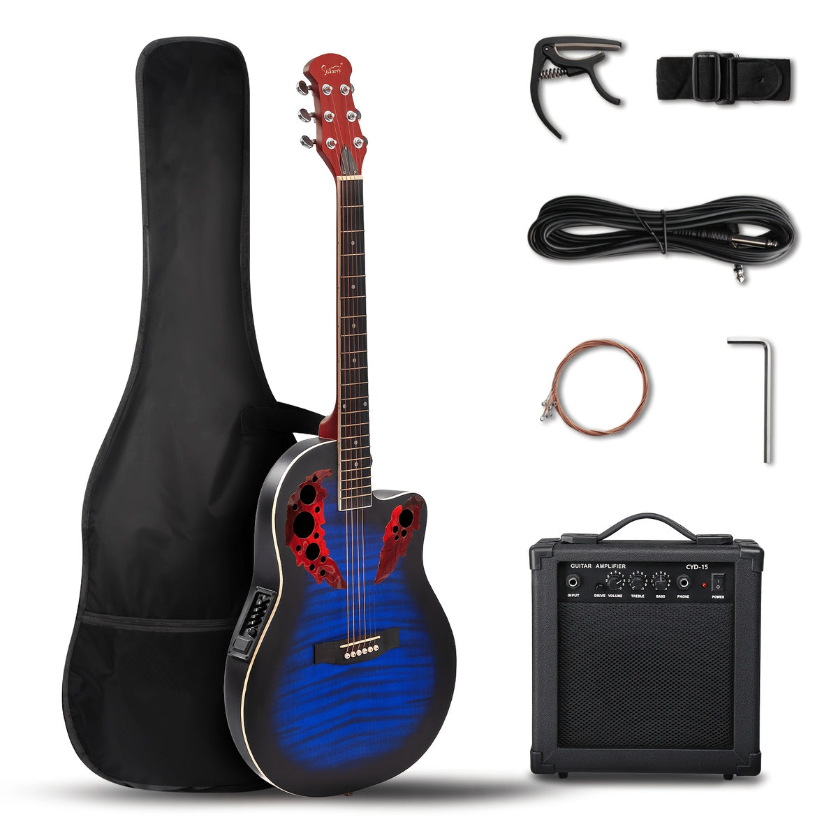 Glarry Acoustic-Electric Guitar, 41-Inch Cutaway Starter Kit in Blue with Tiger Stripe or Matte Black